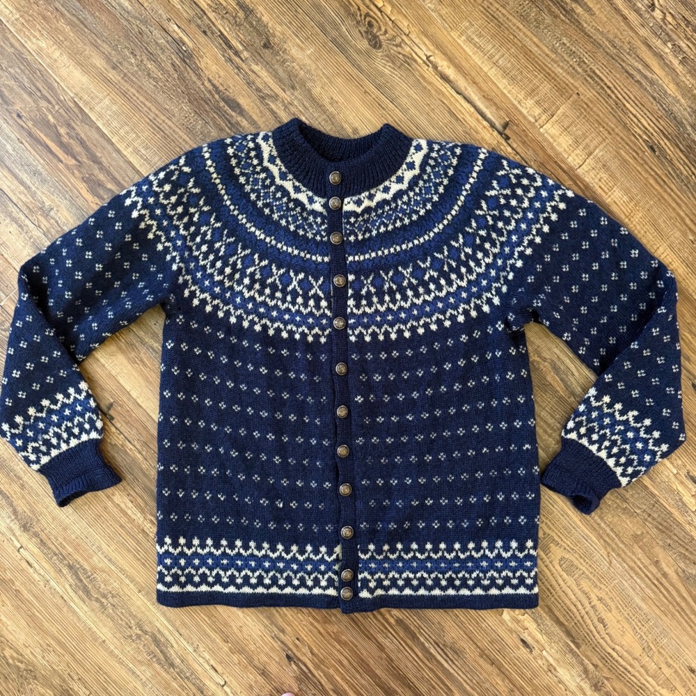Paul Mage Cardigan Women L Blue Wool Fair Isle Saks Fifth Avenue Denmark Vintage